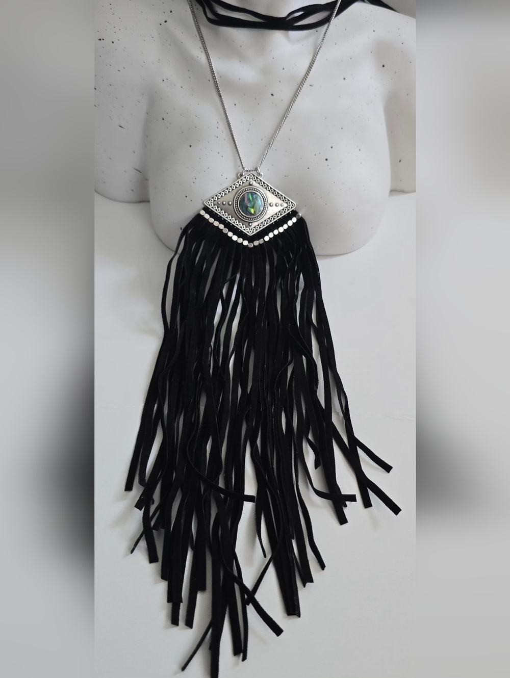 American Eagle Bohemian Choker Black Fringe Silver Pendant Necklace